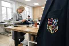 Многоцветная вышивка герба на блейзере — макро